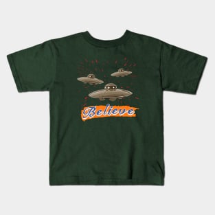 Believe in Flying Saucers and UFOs by Basement Mastermind Kids T-Shirt